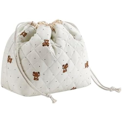 Cotton Quilted Drawstring Makeup Bag with Canvas Lining,Coquette Aesthetic Cute Travel Toiletry Bag,Drawstring Gift Bag for Women and Girls（15Dot Bear）