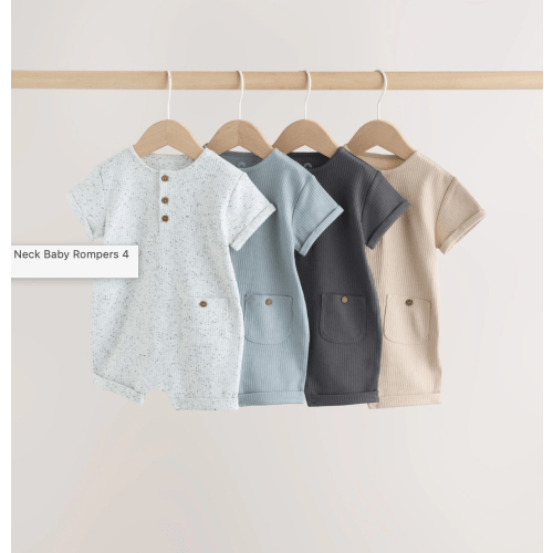 Grey Grandad Button Neck Baby Rompers 4 Pack