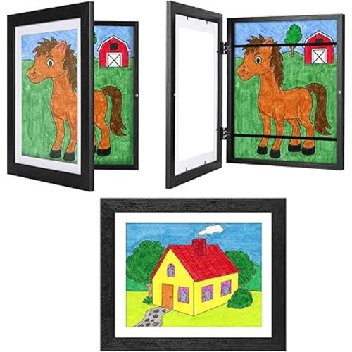 3-Pack Black Woodgrain Kids Art Frames - 10x12.5 with Mat, 8.5x11 Without Mat, Changeable Front Opening, Holds Drawings, Crafts, Artwork
