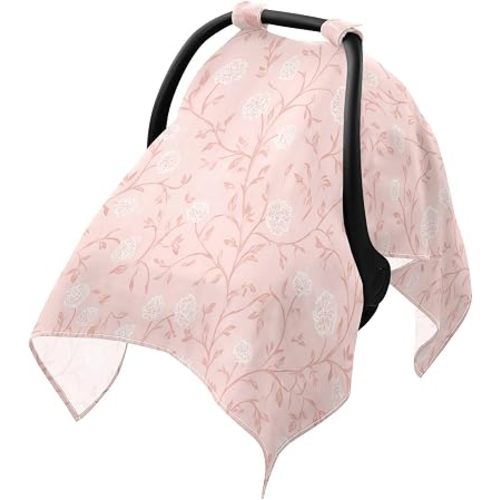 Vintage Pink Floral Infant Car Seat Cover Baby Stroller Carseat Covers Canopy Boys Girls Muslin Breathable Soft Lightweight Sun Shade Universal Fit 1