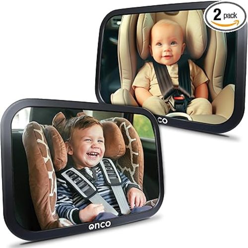Onco Baby Car Mirror Rear Facing (2 Pack) - 100% Shatterproof & Shakeproof, Award-Winning Convex Car Mirror for Baby with 360° Rotation, Newborn Essentials (9.6 x 6.9 in)