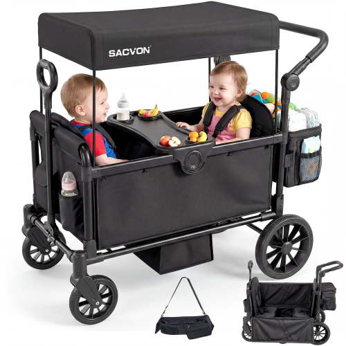 SACVON 2-Seater Stroller Wagon with Side Entry, Canopy & Snack Tray, Includes Removable Storage Bag That Converts to a Backpack-Black