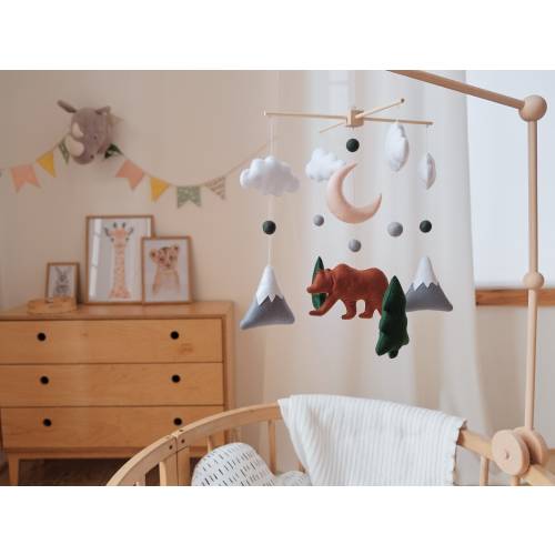 Woodland Baby Mobile – Forest Crib Decor – Mountain Bear Nursery – Neutral Baby Gift