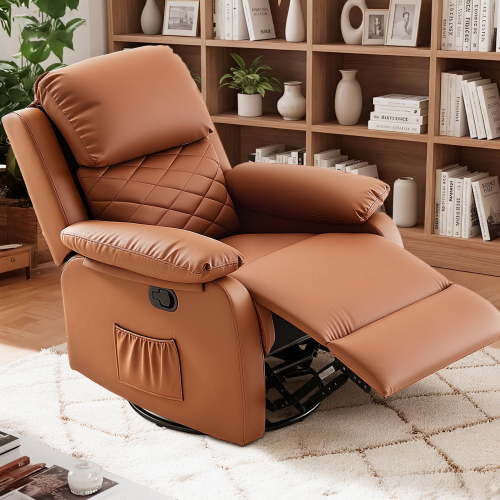 Techmilly 360° Swivel Recliner Chair,PU Leather Glider Rocker with Deep Seat and Side Pockets, Rocking Chair for Living Room,Brown