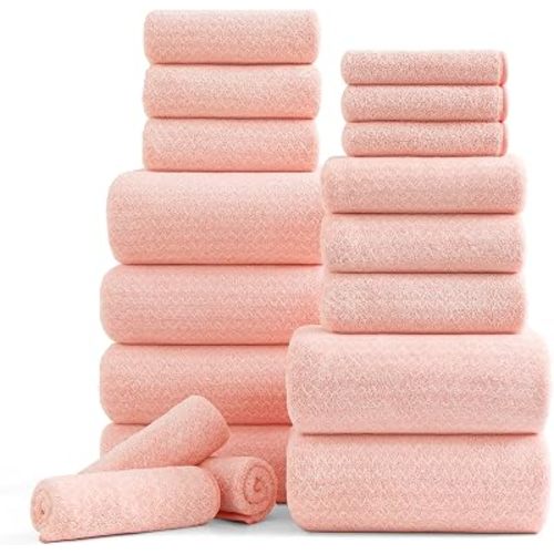 Ycosy 18 Piece Bath Towels Set,100% Microfiber Family Bathroom Towel with Hanging Loops-6 Bath Towels,6 Hand Towels,6 Washcloths,Quick Dry Highly Absorbent Shower Towel for Bathroom,Hotel,Spa-Pink