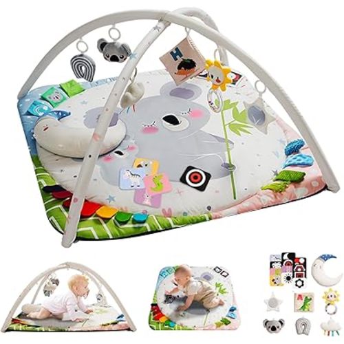 Baby Play Gym with 4 Developmental Zones – Tummy Time Mat & Activity Mat with 6 Sensory Toys, Visual Cards & Pillow – Baby Essentials & Ideal Gift for Newborns