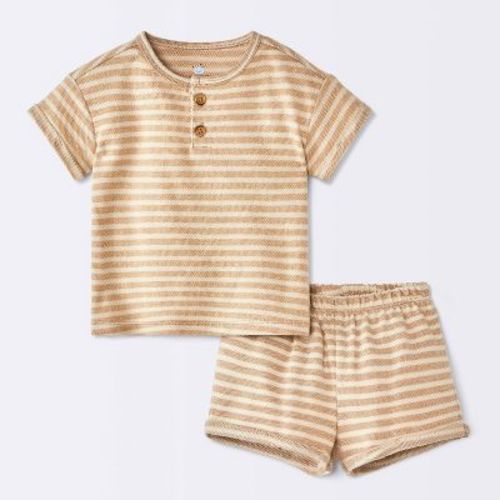 Baby Boys' 2pc Striped Henley T-Shirt and Shorts Set - Cloud Island™ Tan 3-6M