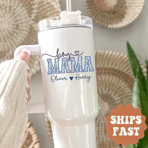 Boy Mama 40oz Tumbler Personalized Boy Mama Tumbler with Handle Gift for Boy Mama for Mother's Day Gifts Custom Kids Names Gift for Mom