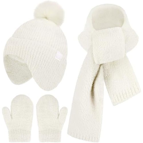 Toddler Kids Winter Hats Mittens Gloves Scarf Warm Ear Flaps Baby Beanie for 0-6 12 Months 1 2 3 4 Year Old Girls Boys Gifts