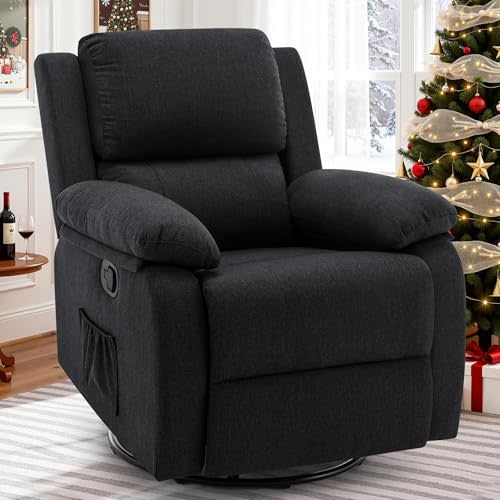 Korser Recliner Chair, 360 Swivel Rocker Chair for Adults, Small Rocking Recliner for Small Spaces, Upholstered Fabric Glider Recliner Nursery (Swivel Rocker Recliner, Jet Black)