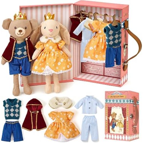 Lorfancy Bear & Bunny Plush Doll Dress Up Playset with Portable Suitcase Wardrobe, 2 Stuffed Animals & 4 Doll Clothes Outfits, Pretend Play Travel Toy, Birthday Gifts for Girls 3 4 5 6 7 8 Year Old