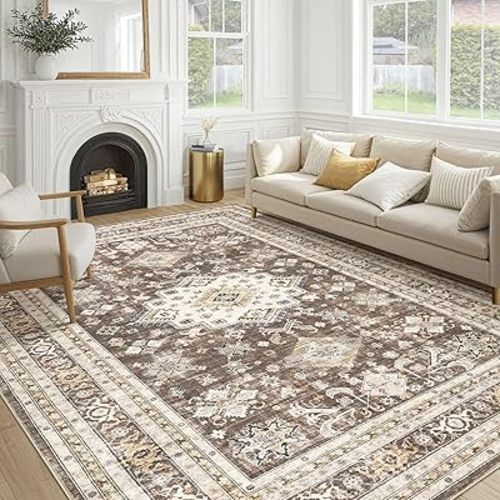 Vintage Living Room Area Rug 8x10 - Large Soft Washable Oriental Traditional Distressed Farmhouse Rugs for Bedroom - Indoor Floor Accent Carpet for Home Office House Decor - Dark Brown