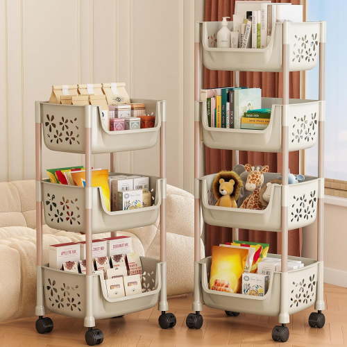 3-Tier Rolling Utility Cart with Wheels, Multifunctional Plastic Trolley with Lockable Casters, Mobile Storage Organizer for Kitchen Bathroom Dorm Laundry Room