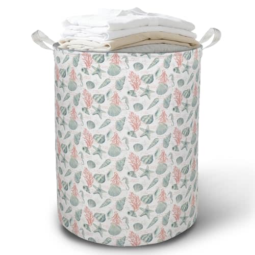 Coastal Beach Laundry Basket Hamper, Ocean Nursery Decor, Blue Seahorse Seashell Starfish Coral Foldable Clothes Toys Books Storage Box Bins Baskets Organizer for Kids Bedroom Bathroom