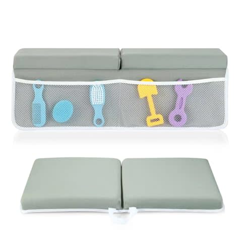 PandaEar Baby Bath Kneeler & Elbow Rest Pad, Comfortable Non-Slip Kneeling Mat Cushion with Toy Organizer Storage Pockets, Foldable Foam Mat for Toddler Bathroom Bathing Time (Grey)