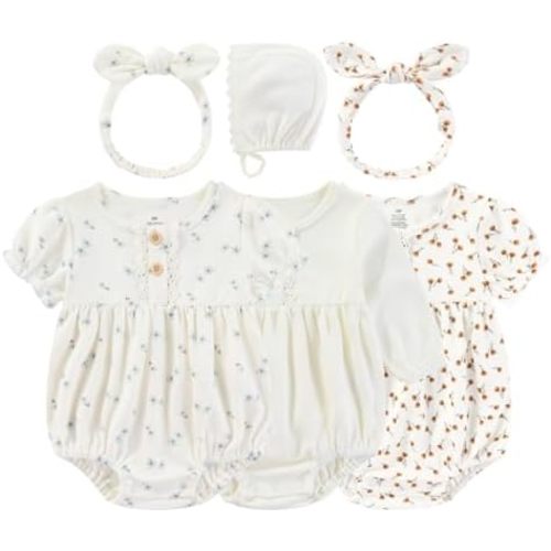 Kiddiezoom Baby Girl Cotton Fresh floral fragments Bubble Romper Cute straps and headscarves