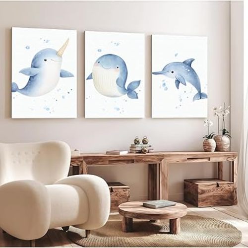 Wivsev Under The Sea Nursery Decor,Whale Wall Art Canvas,Dolphins Canvas for bedroom,Nursery,Bathroom (12" x 18" x 3 pcs)