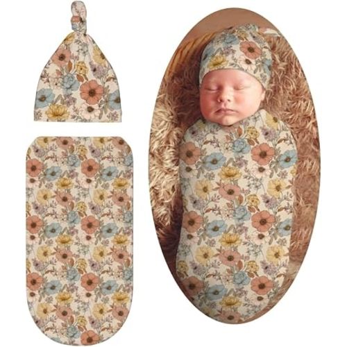 Vintage Flower Swaddle Blanket with Beanie Hat Set Soft Newborn Swaddle Wrap Receiving Blanket Shower Gift