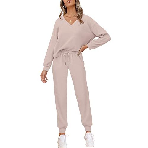 PIIRESO Women's V Neck Waffle Knit 2 Piece Outfits Long Sleeve Top and Pants Loungewear Jogger Sets Pockets