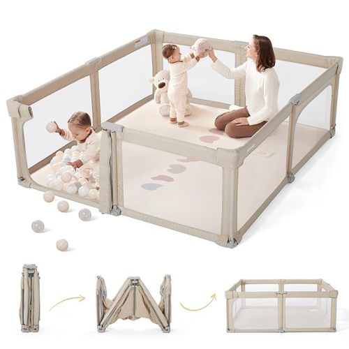 Sweeby Baby Playpen, 79x71 Inch Baby Gate Playpens for Babies and Toddlers, Extra Large Playpen with Door Play Yard for Fence Indoor and Outdoor Play Pen, Oat Khaki