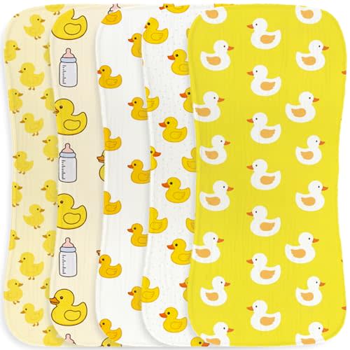 5pcs Yellow Duck Burp Cloths for Baby Boys Girls Parent,100% Cotton Cute Duckies Theme Design Burp Rags,Muslin Burping Cloths Absorbent Spit-Up Cloths for Infant Newborns