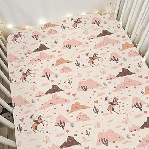 Vintage Pink Cowgirl Cactus Baby Crib Sheets for Boy Girl 52"x28" Western Cowgirl Love Soft Stretchy Fitted Crib Mattress Cover Wild Desert Baby Sheet for Standard Crib & Toddler Mattress Pad