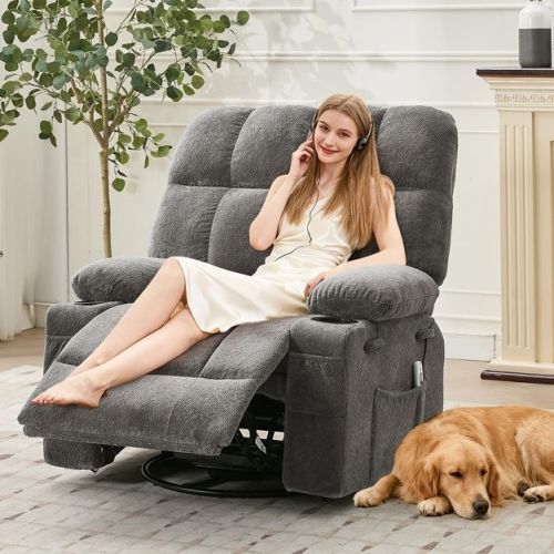 Rocking Recliner Chair with Heat and Massage, Swivel Rocker Recliner, Side Pockets, Cup Holders, Reclining Chair for Living Room, Bedroom, Linen