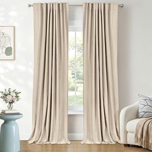 100% Blackout Shield Linen Blackout Curtains for Bedroom 84 Inches Long, Back Tab/Rod Pocket Living Room Drapes, Thermal Insulated Blackout Curtains 2 Panels Set, 50" W x 84" L, NaturalFlax
