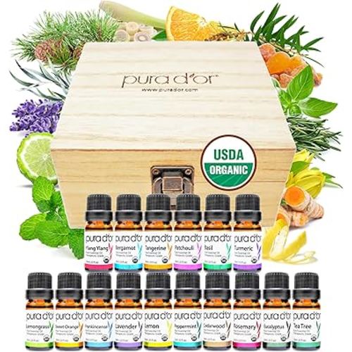 PURA D'OR Organic Sweet16 Essential Oils Set - 16x 10mL Wood Box Aromatherapy Gift Set - 100% Pure Therapeutic Grade for Relaxation and Wellness (Lavender, Rosemary, Turmeric, Ylang Ylang & More)
