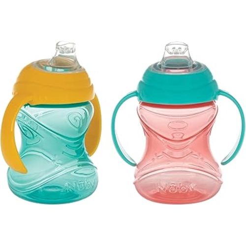 Nuby Clik-It Soft Spout No-Spill Training Sippy Cup with Handles - (2-Pack) 10 oz - 4+ Months - Aqua/Red/Orange