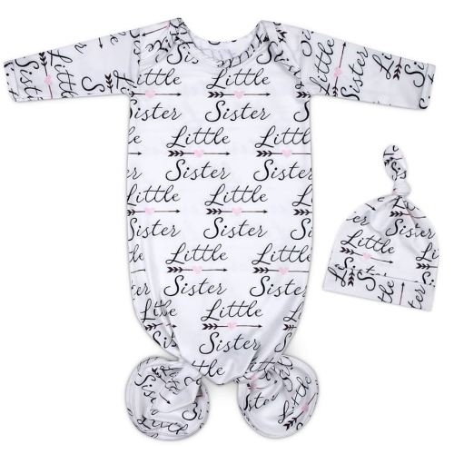 Baby Newborn Knotted Gown 0-6 Months, Soft Breathable Sleeper Gowns, Babies Girl Coming Home Outfit Infant Little Sister Nightgowns with Hat Set