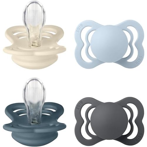 BIBS Supreme Soother 4-Pack, BPA Free Dummy Pacifier, Symmetrical Nipple. Silicone, Made in Denmark. Size 1 (0-6 Months), Ivory/Baby Blue/Petrol/Iron
