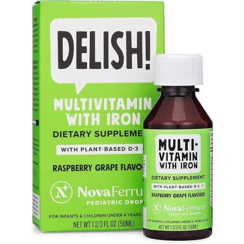 NovaFerrum Delish | Vegan Multivitamin with Iron for Infants, Toddlers & Kids | Immune Support | Organic Plant-Based D-3 | Gluten Free | Vegan Verified | Sugar Free | 1.69 Fl Oz (50 mL)