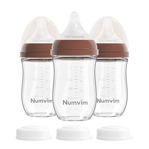 Natural Glass Baby Bottles Gentle & Slow Flow, Newborn Breastfeeding Bottle with Anti Colic Nipple for 0 Months Babies, 3 Packs (Brown (5 Ounce), 1 Count (Pack of 3))