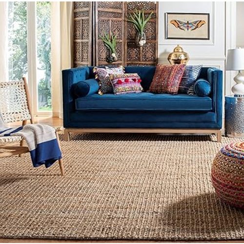 SAFAVIEH Area Rug 7' Square - Natural Fiber Collection - Natural Brown, Handmade Jute, Farmhouse Style, Chunky Textured Thick Pile (NF447A)