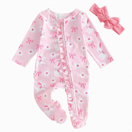 mgoYE Baby Girls Clothes Baby Girl Clothes Ruffle Solid Footies Infant Knit Rompers Newborn Zip Up Jumpsuit Cute Girl All Seasons Outfits(Pink,3-6 Months)