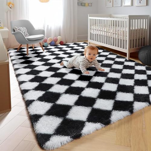 KICMOR 5x7 Area Rugs for Living Room Bedroom, Black and White Fluffy Soft Checkered Fuzzy Shag Shaggy Carpet, Indoor Plush Large Rug for Kids Boys Girls Teen Dorm Nursery Home Decor Aesthetic
