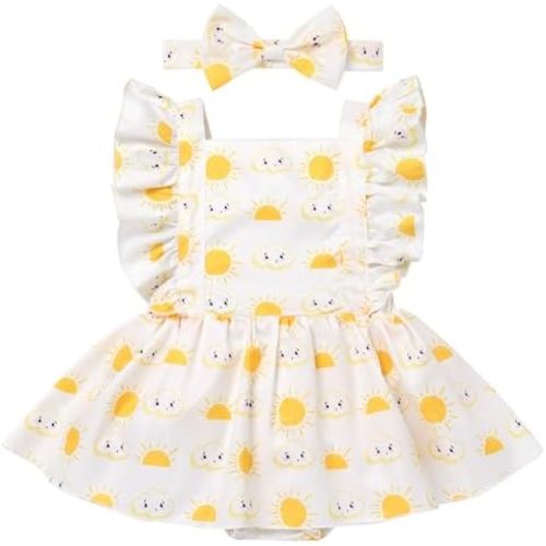 ODASDO Newborn Infant Baby Girl Ruffle Sleeve One-Piece Romper Dress with Headband Set Summer Casual Clothes 0-24 Months