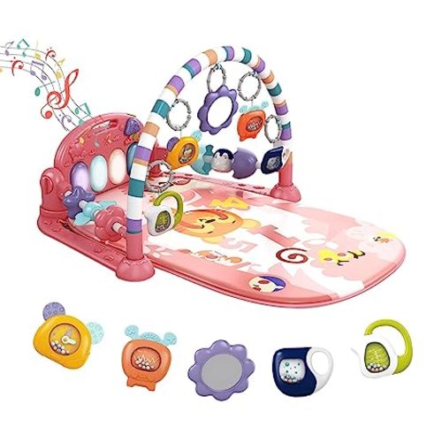 dearlomum Baby Play Mat Gym, Funny Play Piano Tummy Time Activity Mat with 5 Infant Sensory Toys, Music and Lights, Boy & Girl Gifts for Newborns 0 to 3 6 9 12 Months (Pink)