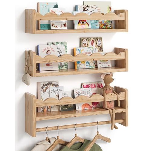 Nursery Book Shelves, Scalloped Shelves, Floating Book Shelves for Wall, Nursery Deocr for Baby, Toddler(Wood, 16.5 Inches)