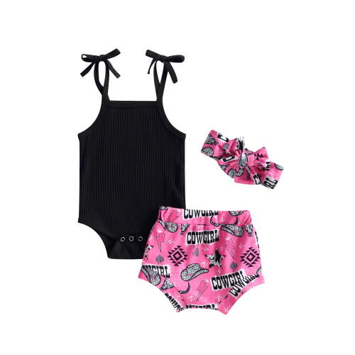 Western Newborn Baby Girl Clothes Infant Sleeveless Knit Solid Romper Cow Print Shorts Headband Set Summer Outfit
