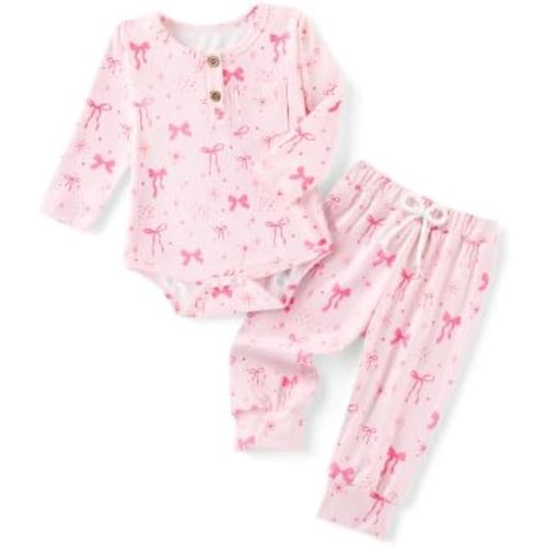 DISAUR Baby Girl 2 Piece Outfit Long Sleeve Henley Bodysuit and Pants Set