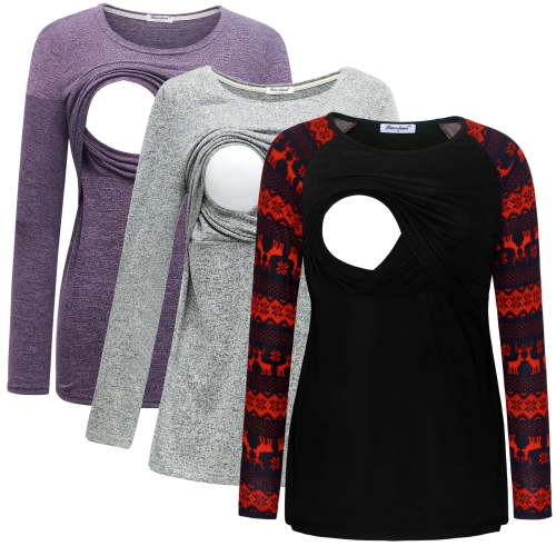 Bearsland Female Long Sleeve Maternity Nursing Top Breastfeeding Shirts 3-Pack