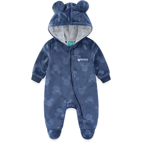 Disney Winnie the Pooh Mickey Mouse Baby Boys Hooded Embossed Faux Fur Pram Coverall Footies with Ears for Newborn and Infant
