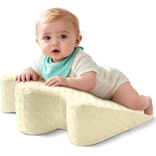 Tummy Time Support Pillow with Plush Cover for Baby Gas, Colic Relief & Burp, Nursing Reflux Prop for Feeding, Neck, Shoulder and Body, Tummy Time Mat for Newborns and Infant 0-12 Months - Beige