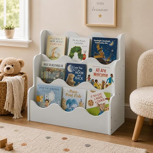 NACHES 4-Tier Montessori Bookshelf for Kids - Wooden Front-Facing Book Display Rack with Wave Design, Toy Organizer for Toddler Nursery, Bedroom, Classroom & Playroom, Middle White