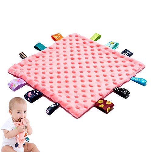 Baby Tags Security Blankets - Baby Soothing Plush Blanket with Colorful Tags, 10"x10" Square Sensory Toys, Lovey for 3 Months+ Babies Boys and Girls (Pink)