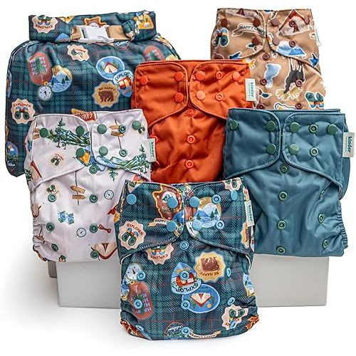 Kinder Cloth Diapers Reusable Baby Diapers Pocket Style Athletic Wicking Jersey, Wet Bag, Newborn to Potty Training 7-60lbs, One Size, Inserts NOT Included (Big Adventure, 5 Pack, Without Inserts)