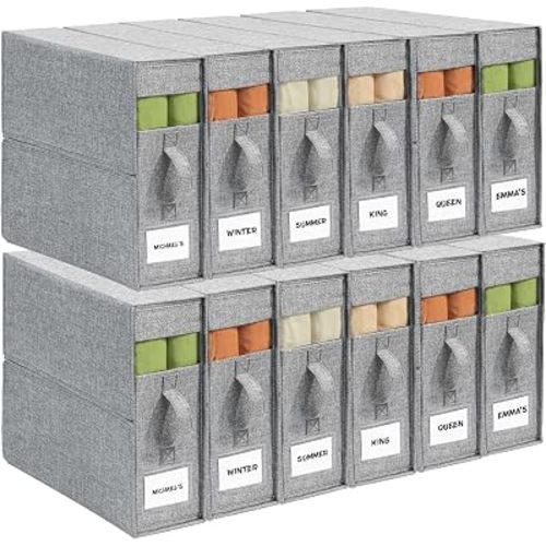 12Pack Sheet Organizers and Storage - King/Queen Size Sheet Storage Organizer with Window, Foldable & Dustproof Sheet Organizer for Linen Closet for Summer Blankets & Sheet Sets,Grey