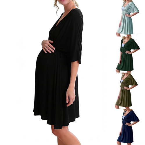 QNANSPI Maternity Nursing Nightgown, Postpartum Recovery Dress, Women's Maternity Summer Nursing Dress Short Sleeve V Neck Postpartum Belly Support Slim Cut Soft Breathable Daily Wear